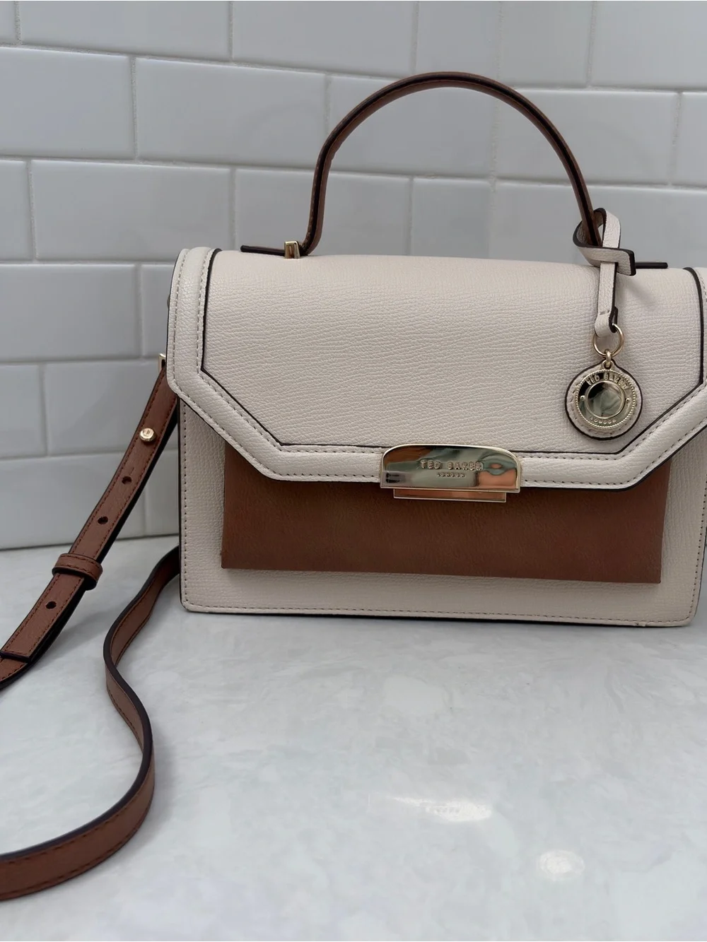 Ted Baker London Riley 2 tone Cream Brown Top-Handle Satchel Crossbody
